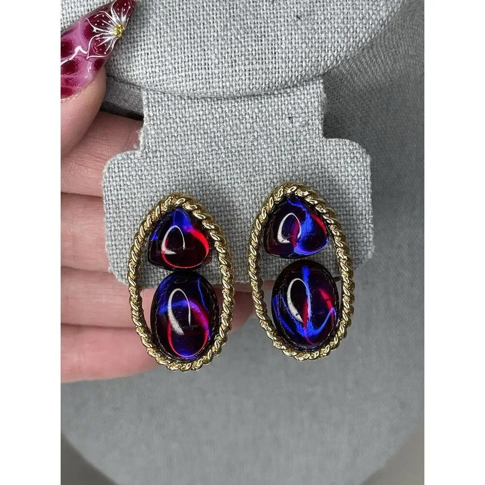 Vintage Faux Red Purple Opal Earrings Gold tone Clip On
